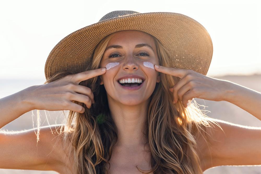 Smiling woman wearing a hat, applying sunscreen on her face while outdoors